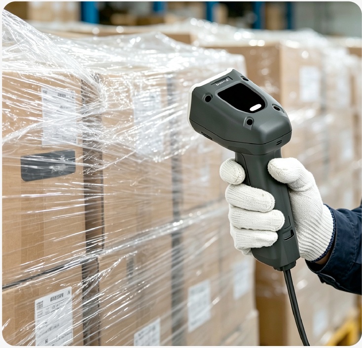 Handheld scanner reading a logistics package